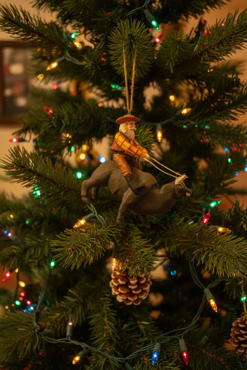THANK YOU - Santa Riding a Bull Christmas Tree Ornament