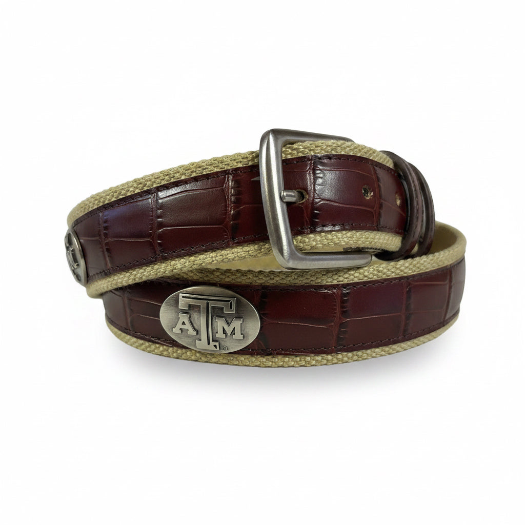 THANK YOU - Texas A&M Maroon Crocodile Leather & Canvas Belt - Size 40 *LAST ONE*
