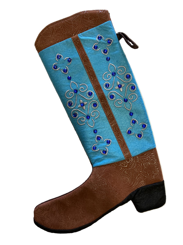 THANK YOU - Boot Texas Christmas Stocking-Light Blue Top with Red beads