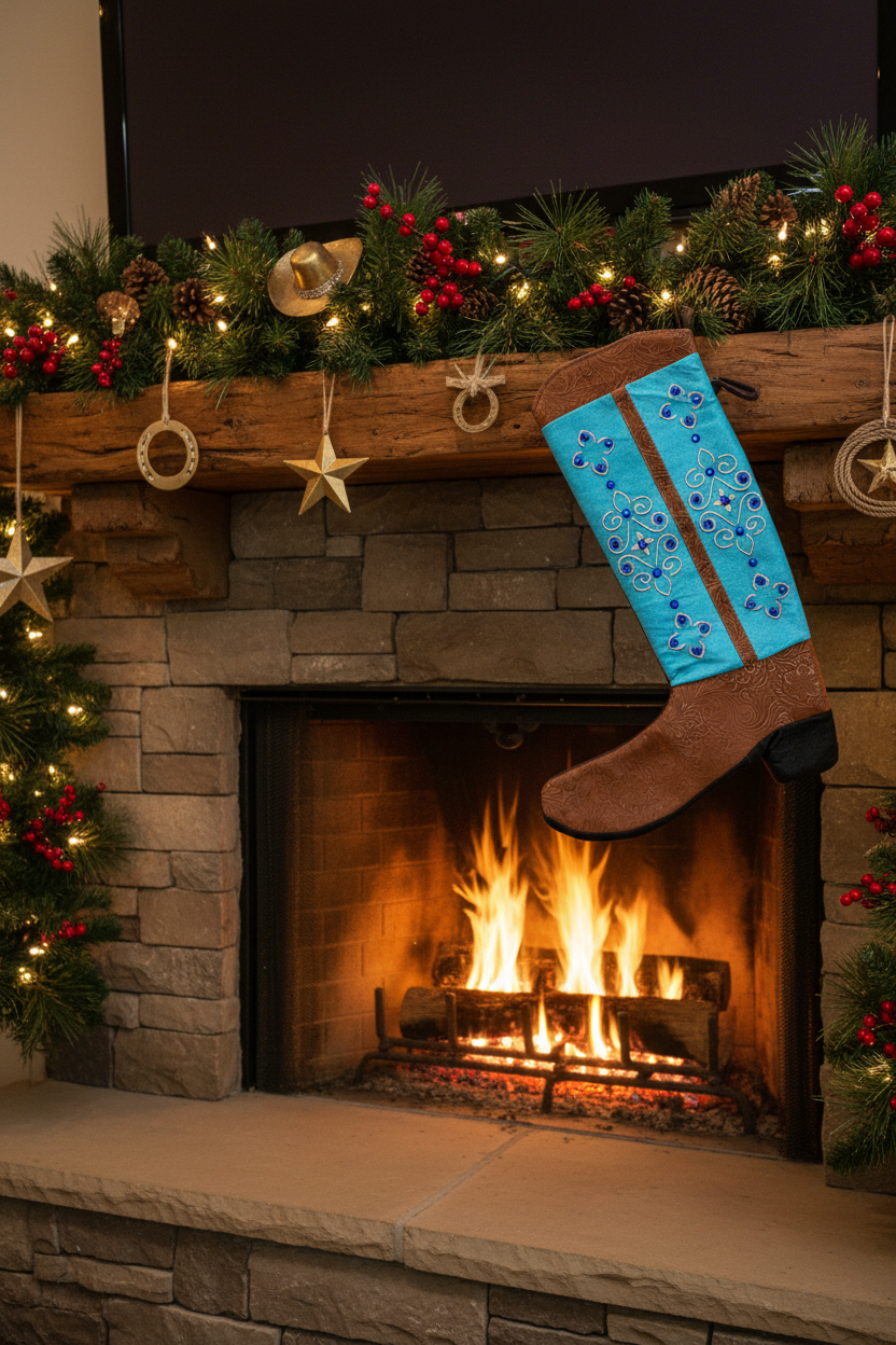 THANK YOU - Boot Texas Christmas Stocking-Light Blue Top with Red beads