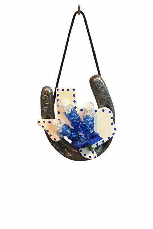 THANK YOU - Texas Shaped ornament with bluebonnets on a mini horseshoe