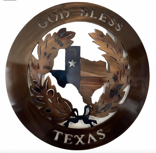 Jimmy Don God Bless Texas Metal Wall Art | Heat Colored Steel Texas Wreath Hanging