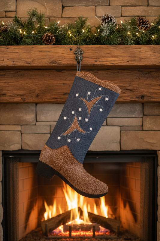 Denim blue Texas Christmas stocking with beads hanging from a rustic fireplace mantel with a warm fire