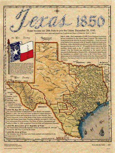 Texas Historical Map - 1850-Texas Joins the Union